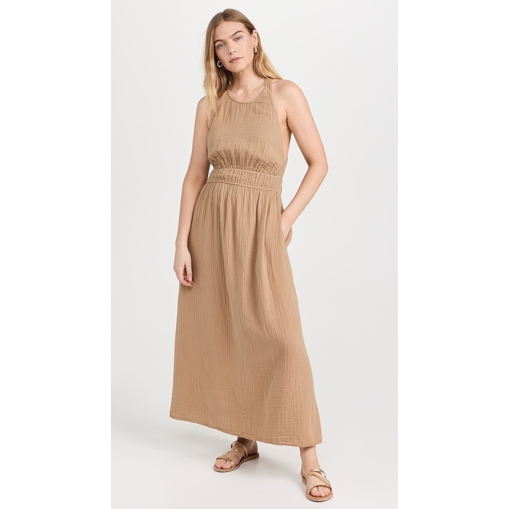 XIRENA Sienna Gauze Halter Criss Cross Back Dress In Tan Women's Size S